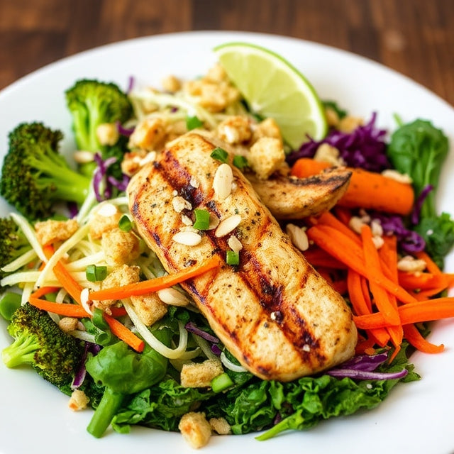 "Chicken Ceasar" grilled plant-based chicken, grilled broccoli, shredded cabbage, sweet potato, shredded carrots, slivered almonds, croutons, massaged kale, house pickles, lime wedge, pistachio caesar, GF optional