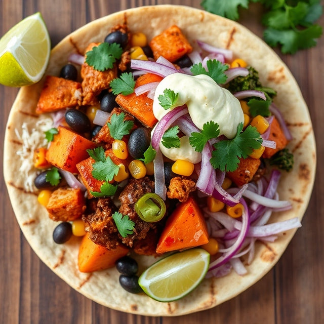 "Fiesta Carnitas" spicy jackfruit carnitas, black beans, sweet potato, grilled corn, red onion, diced tomato, shredded cabbage, tortilla strips, fresh cilantro, massaged kale, house pickles, lime wedge, jalapeño crema