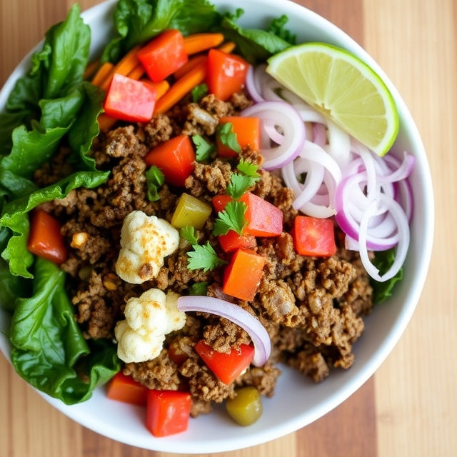"Hearty Beef Crumble" seasoned plant-based beef crumble, caramelized onions, diced tomato, sautéed cauliflower, red onion, shredded carrots, shoestring onions, massaged kale, house pickles, lime wedge, tangy carrot vinaigrette