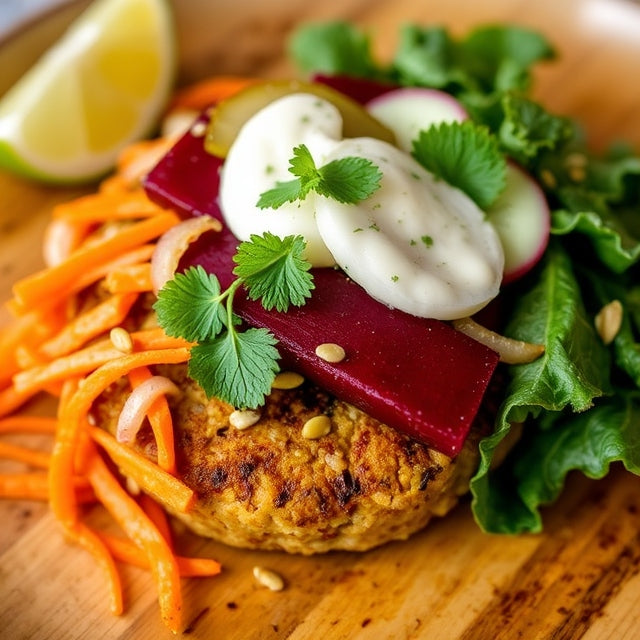 "Mediterranean Chickpea Bowl" griddled house-made chickpea patty, caramelized onions, shredded carrots, marinated beets, cucumber, sunflower seeds, fresh mint, massaged kale, house pickles, lime wedge, lemon herb aioli