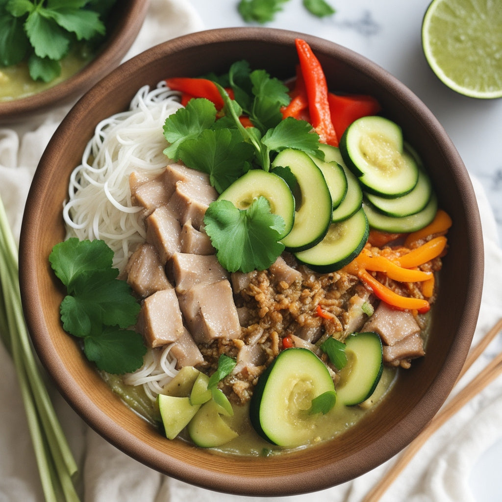 s11.5.Green Curry Pork Bowl w Bell Peppers Bamboo Shoots Zucchini Over Sweet Potato Glass Noodles Calories 452 Protein 36 Carbs 32 Fats 20