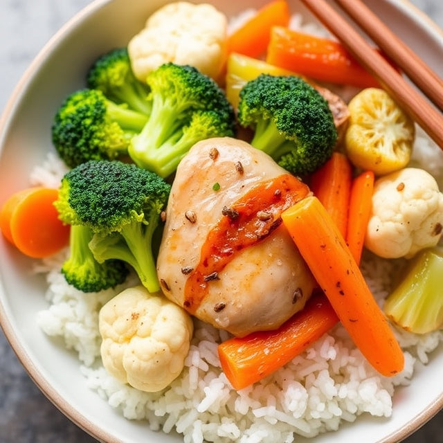 Chicken Breast + Steamed Broccoli, Cauliflower, Carrots & Cabbage + White Rice