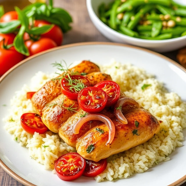 Chicken Koobideh + Persian Style Grilled Tomato & Sumac Onions + Dill Rice