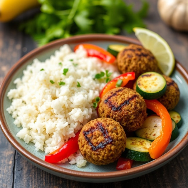 Falafel + Grilled Sweet Peppers, Onion & Zucchini + Dill Rice