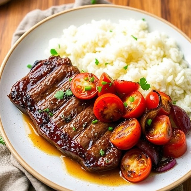 Flat Iron Steak + Persian Style Grilled Tomato & Sumac Onions + White Rice