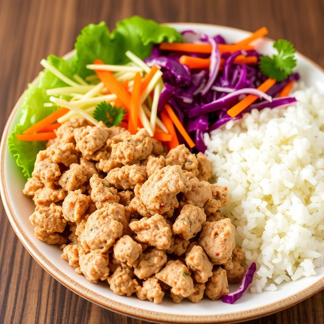Ground Turkey + Side Salad Shredded Lettuce, Carrots & Red Cabbage + White Rice