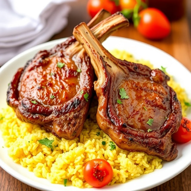 Lamb Chops + Persian Style Grilled Tomato & Sumac Onions + Saffron Rice
