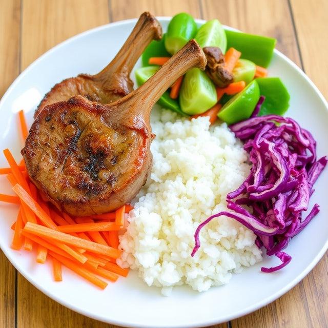 Lamb Chops + Side Salad Shredded Lettuce, Carrots & Red Cabbage + White Rice