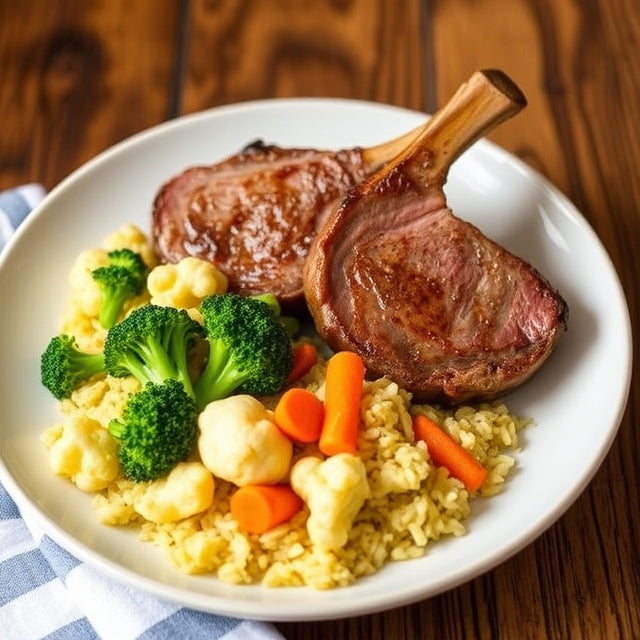 Lamb Chops + Steamed Broccoli, Cauliflower, Carrots & Cabbage + Saffron Rice
