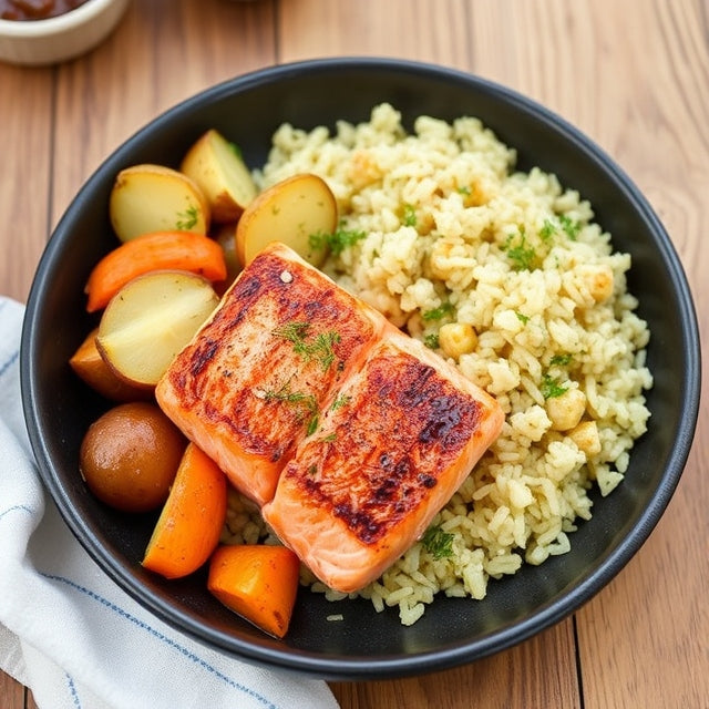 Wild Alaskan Salmon + Roasted Potato, Carrot & Yam + Dill Rice