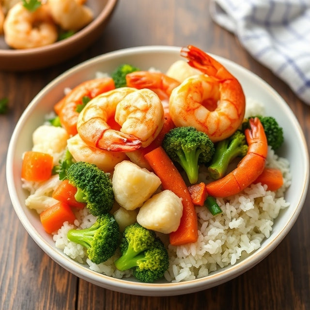 Wild Mexican Shrimp + Steamed Broccoli, Cauliflower, Carrots & Cabbage + White Rice
